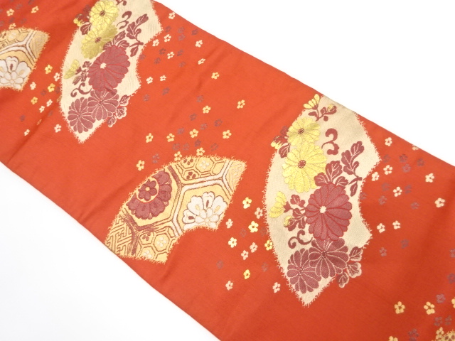 アンティーク　地紙に菊唐草・花亀甲模様織り出し名古屋帯（着用可）